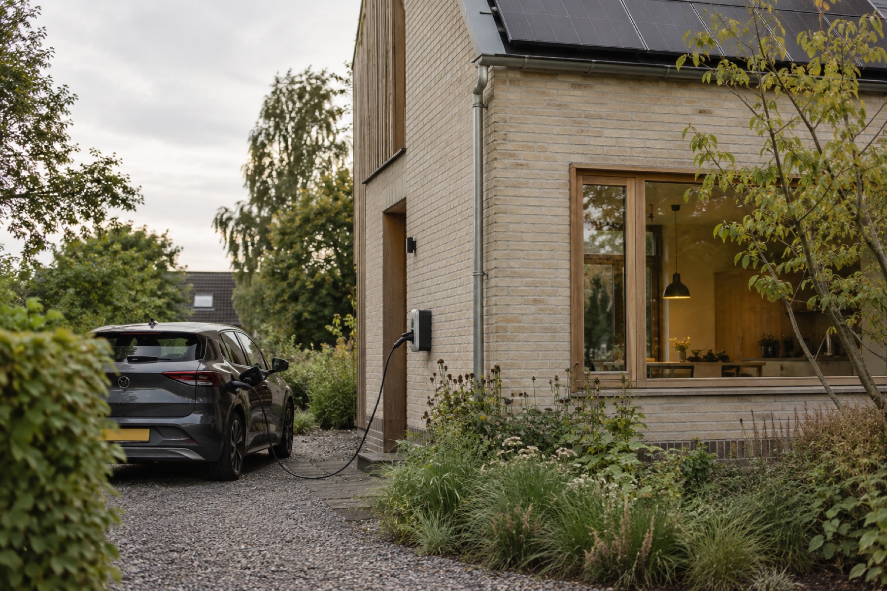 Illustratief beeld van een woning met laadpunt, elektrische auto en zonnepanelen