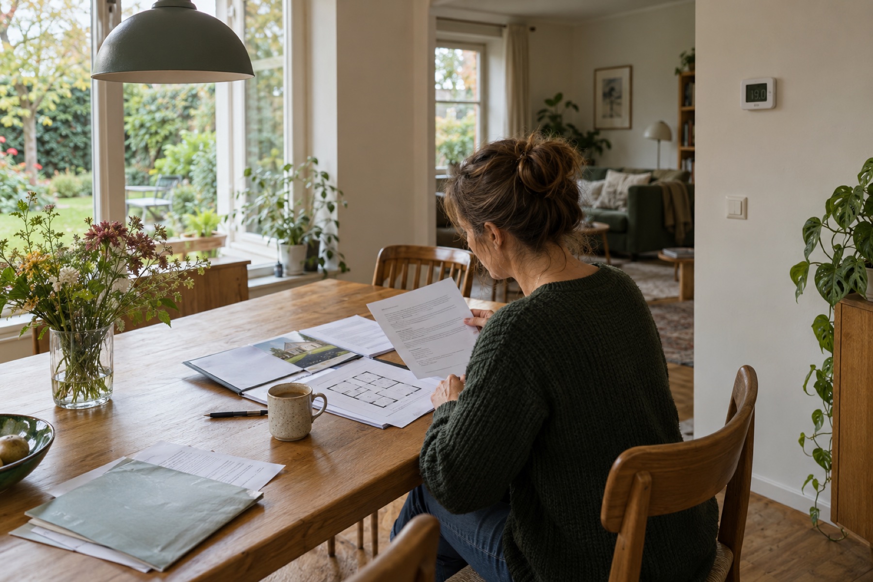 Illustratief beeld van een bewoner die woningdocumenten en een plattegrond bekijkt