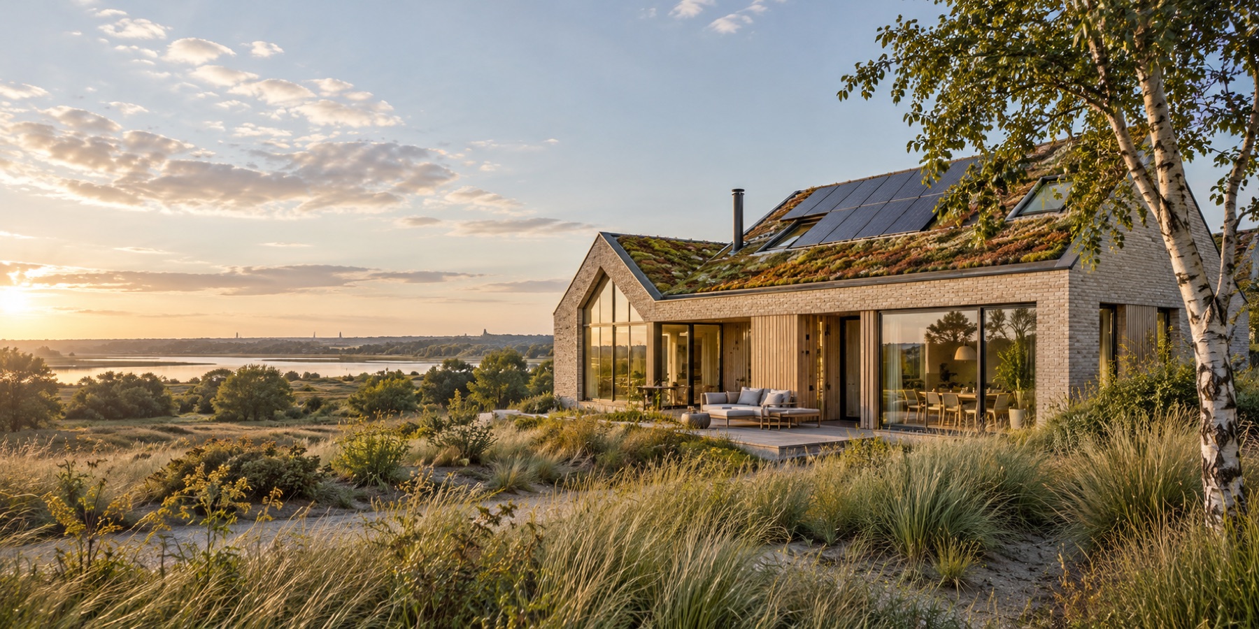 Illustratief beeld van een moderne woning met natuurlijke materialen in een groen landschap